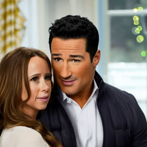 Image similar to jennifer love hewitt and mario lopez in a hallmark christmas movie, movie still, high quality, high detail, 8 k,