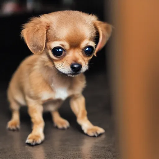 Image similar to a honey colored chihuahua puppy looking at his reflection in the mirror from the front