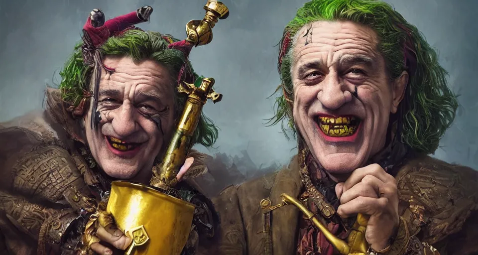 Prompt: robert de niro as medieval joker, crazy colorful clothing with a heavy golden mace in his left hand and a beer jug in his right hand, full body portrait with high detailled face, symmetrical face, intricate details, wandering through a forbidden forest, trending on artstation, 8 k hyperrealistic, style of peter mohrbacher, octane render, unreal engine