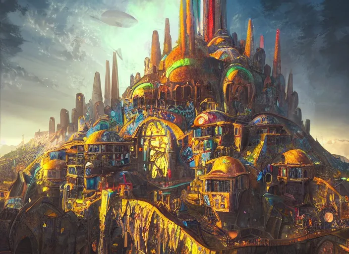 Image similar to favela spaceship cathedral, fantasy environment, sorcery, scenery, professional, award - winning, trending on artstation, hyper detailed, realistic, beautiful, emotional, shiny, colorful, picture