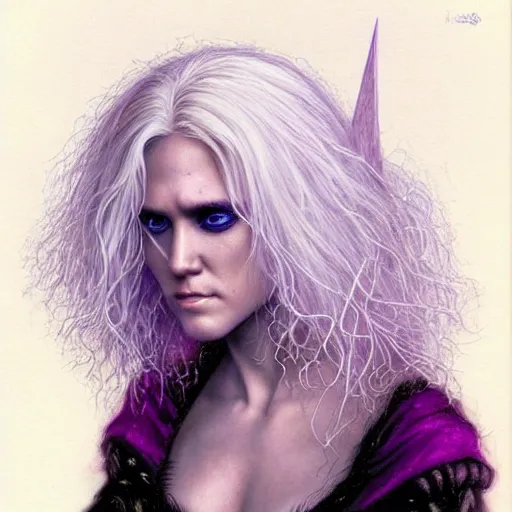 Image similar to head and shoulders portrait of a purple - skinned, white - haired drow wizard portrayed by young jessica alba, d & d, fantasy, luis royo, magali villeneuve, donato giancola, wlop, krenz cushart