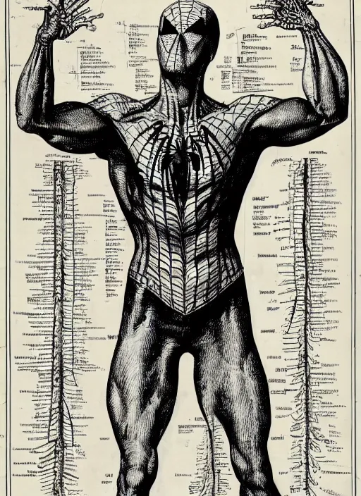 Prompt: old anatomical chart of Spiderman