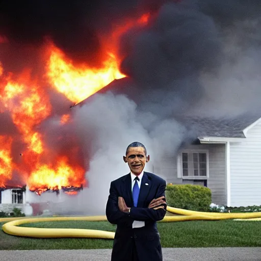 Prompt: a photo of a house burning down while surrounded by emergency vehicles in the background and barack obama with an eerie smile in the foreground, strong depth of field