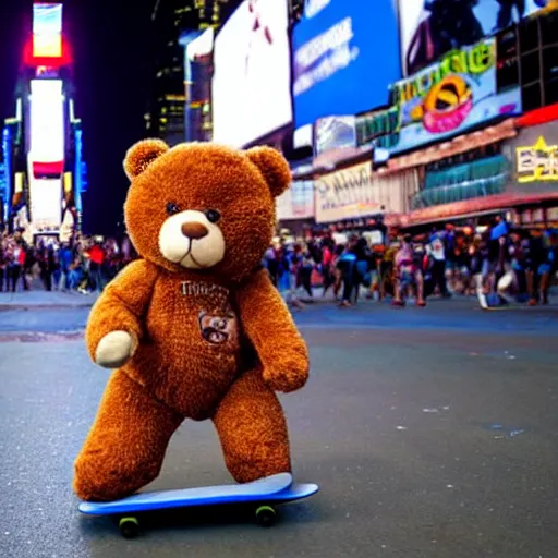 Image similar to a teddy bear riding a skateboard in times square at night