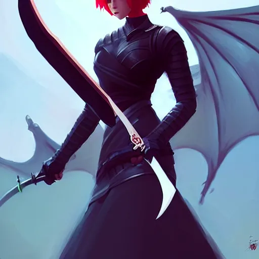 Image similar to a woman holding a sword with a dragon on it, concept art by Ilya Kuvshinov, contest winner, fantasy art, official art, concept art, high detail, experimental, high quality, hyperrealistic, 4k