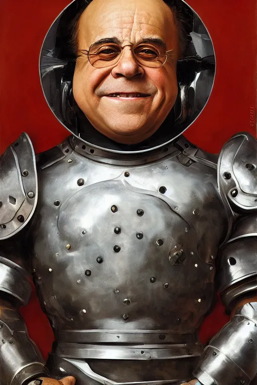 Prompt: portrait of danny devito in futuristic metal armour by norman rockwell and mandy jurgens and john singer sargent