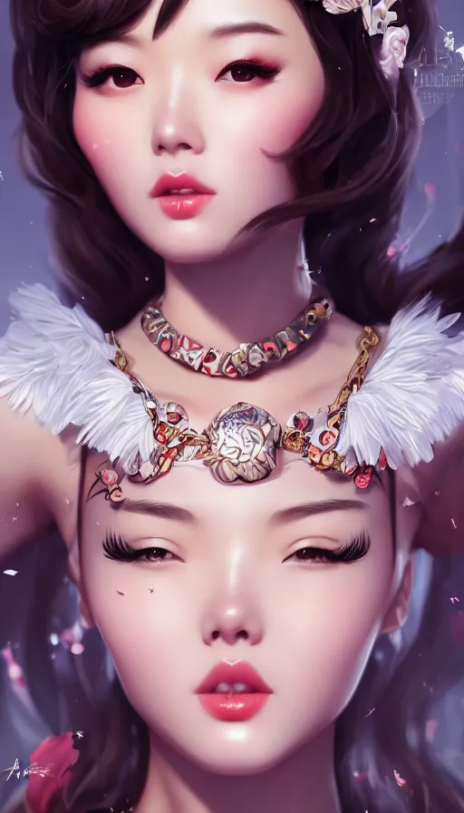 Image similar to a pin up and beautiful fashion and charming and dreamlke asian girl, lv jewelry, art by artgerm & jeehyung lee & wlop, hyperdetailed, 8 k realistic, symmetrical, frostbite 3 engine, cryengine, dof, trending on artstation, digital art