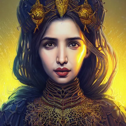 Prompt: head-on centered symmetrical painted portrait, Mahira Khan as a D&D wizard, intricate yellow fantasy robes, fantasy, intricate, elegant, highly detailed, digital painting, smooth, sharp focus, illustration, dramatic lighting, artstation, in the style of Artgerm and Anna Podedworna and Alex Ross