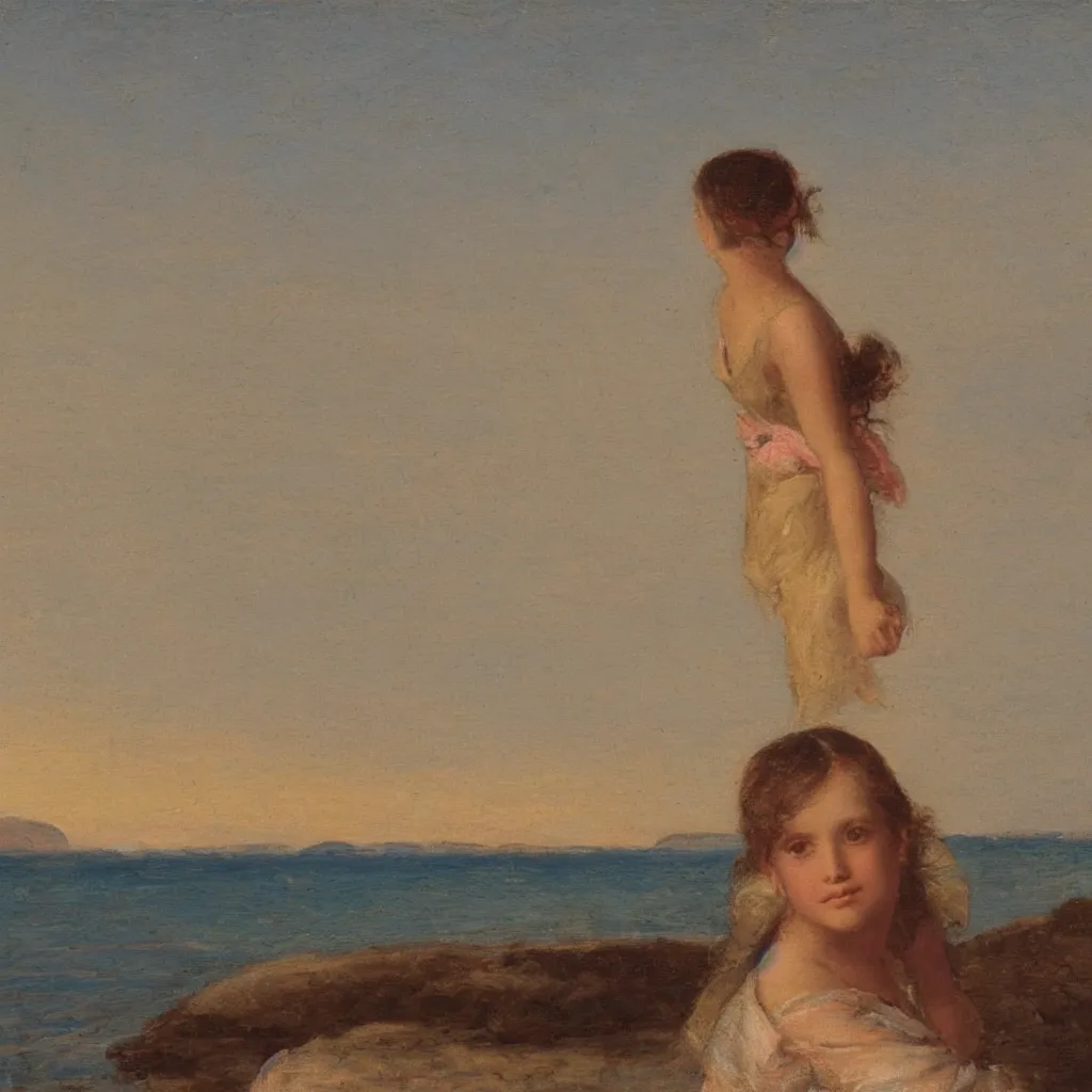 Prompt: close up of a girl on the beach,sunset, atVille Franche sur Mer by Claude Lorraine