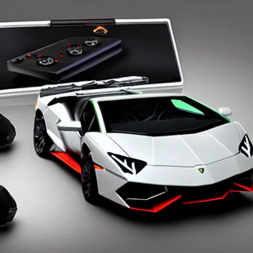 Image similar to A Lamborghini gaming console with its controllers, studio photo