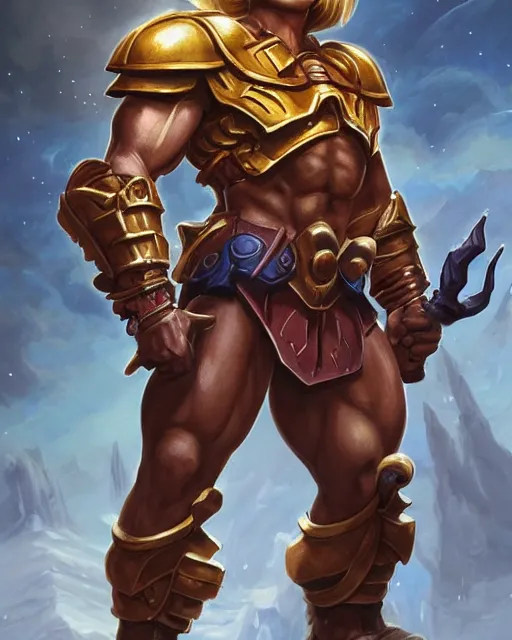 Prompt: He-Man!!!!!, close up, ghibli!! ,sci fi,fantasy, intricate, german iron cross chest armor ,elegant, loin cloth ,highly detailed, oil painting, artstation, concept art, matte, sharp focus, illustration, dramatic, sunset,hearthstone, art by Artgerm and Greg Rutkowski and Alphonse Mucha