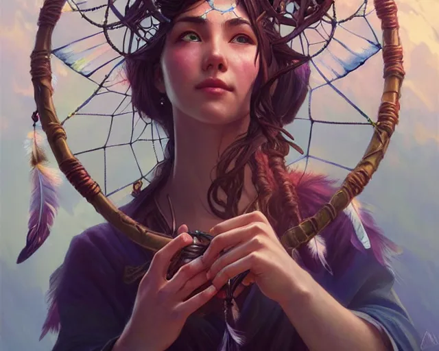 Image similar to dream catcher catching a dream, deep focus, d & d, fantasy, intricate, elegant, highly detailed, digital painting, artstation, concept art, matte, sharp focus, illustration, hearthstone, art by artgerm and greg rutkowski and alphonse mucha