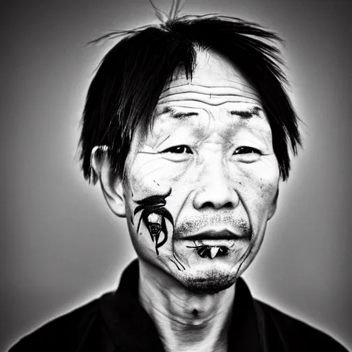 Image similar to grizzled tragic chinese man, age 3 5, with gutterpunk poke and stick face tattoos at dusk, black & white, richard avedon, 5 0 mm, grainy, low light