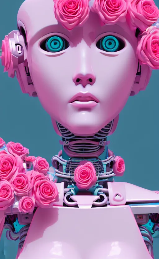 Prompt: detailed vaporwave pastel female robot covered in roses, 3d, digital art, 4k