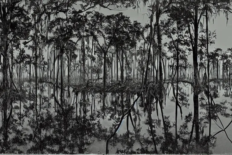 Image similar to scene from louisiana swamps, airboat, neon satanic pentagram, boy scout troop, voodoo artwork by tim eitel