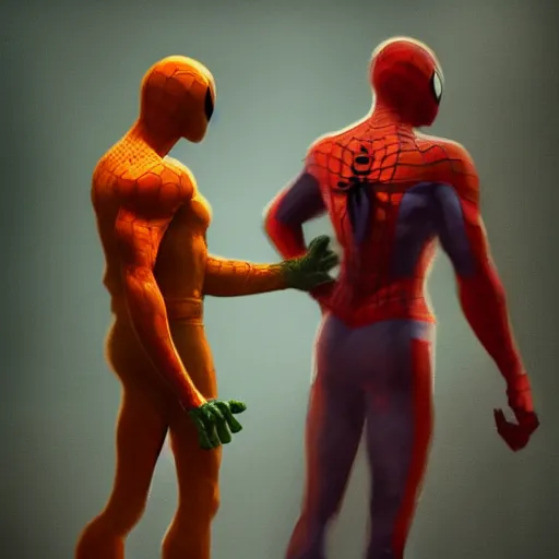 Prompt: moody atmospheric render of an orange and green spiderman by greg rutkowski and marc silvestri made with unreal engine