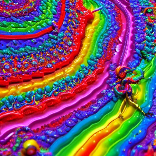 Prompt: Psychedelic rainbow utopia made out of candy, hyper realistic, detailed, vibrant, colorful, 8k, hd