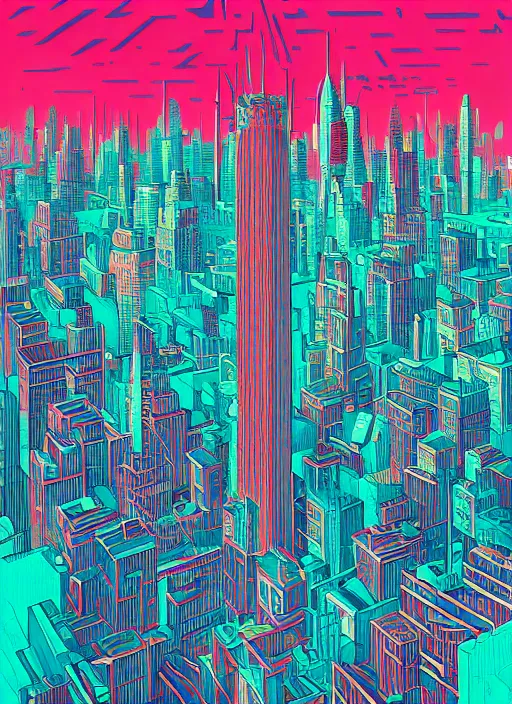 Prompt: drawing of a city with tall buildings, poster art by kilian eng, behance contest winner, psychedelic art, tesseract, dystopian art, parallax