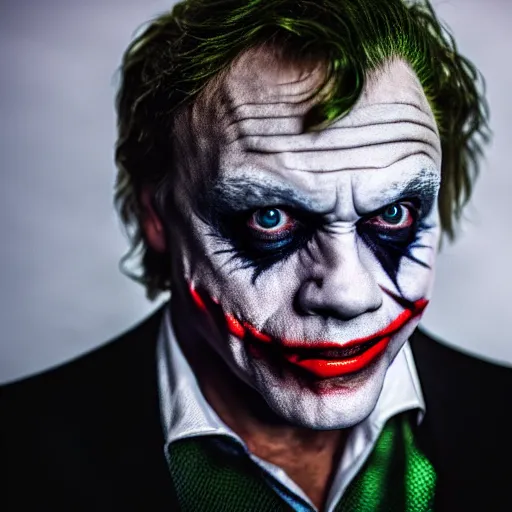 Image similar to Mark Hamill cosplaying as The Joker, photorealistic, highly detailed, professional photo, studio lighting, 4K HD