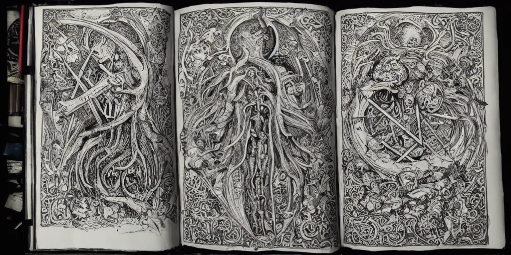 Image similar to Detailed pages from a forbidden ancient book, infographics, necronomicon, grimoire, ink illustration, sketching, accurate, realistic, composition, white paper, black ink, neon ink, informative graphs and diagrams, insanely detailed and intricate, occult, malice, witchcraft, portals, organic