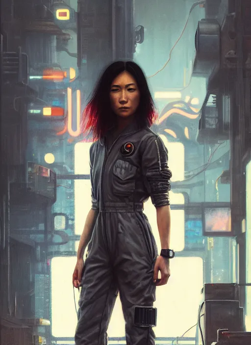 Image similar to Nikki Tanaka. Cyberpunk mechanic in jumpsuit (blade runner 2049, cyberpunk 2077). Orientalist portrait by john william waterhouse and James Gurney and Theodore Ralli and Nasreddine Dinet, oil on canvas. Cinematic, hyper realism, realistic proportions, dramatic lighting, high detail 4k