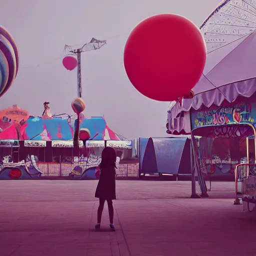 Prompt: a girl holding a balloon at a fairground. buildings with graffiti. silhouette. photograph in the style of simon stalenhag