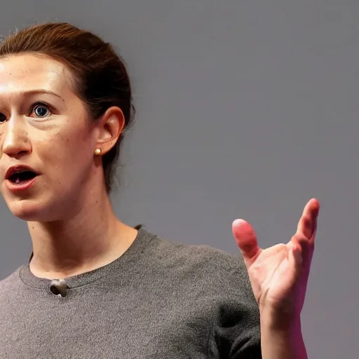 Prompt: photograph of a female mark zuckerberg giving a keynote speech on apple park