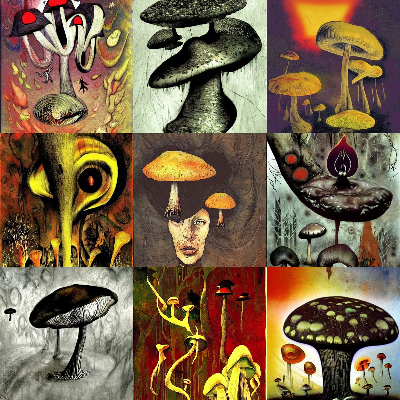 Image similar to psychedelic mushrooms psilocybin dream, no fears, okay one fear, by dave mckean