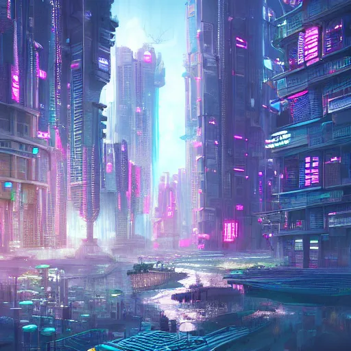 Image similar to a utopian cyberpunk city, filled with fauna, with building floating around everywhere, building cover with plant, dynamic lighting, fantasy concept art, trending on art station, stunning visuals, creative, cinematic, intricately detailed, unreal engine, 4 k