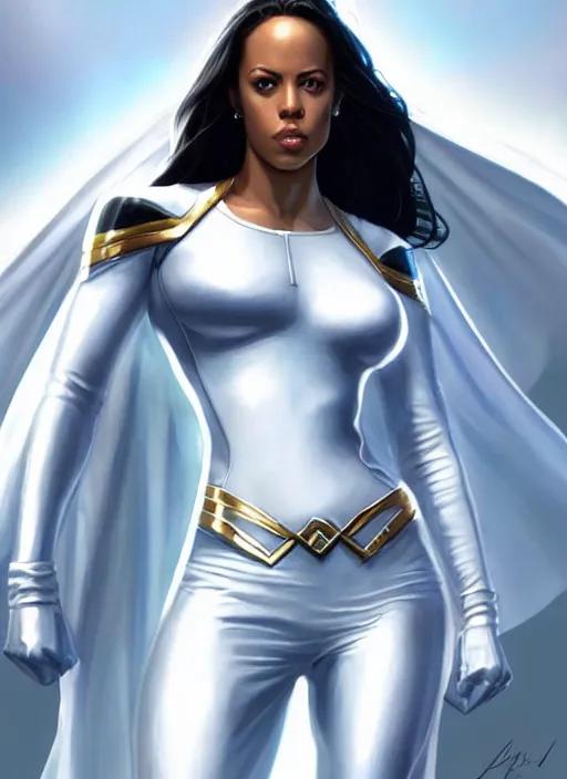 Prompt: full body portrait of marvel cinematic universe aaliyah haughton, x - men, emma frost, elegant, diamonds!! super hero, white outfit, diamond skin, highly detailed!! digital painting, artstation, glamor pose, concept art, sharp focus, illustration, art by artgerm and greg rutkowski, artey freytag