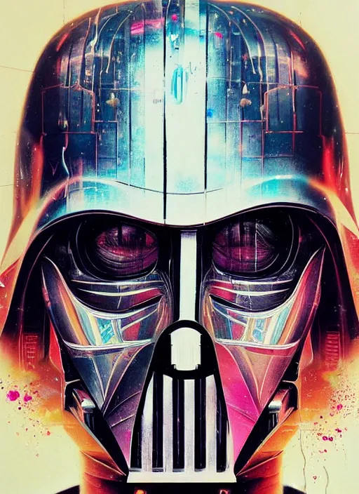 Prompt: beautiful portrait of Lofi cyberpunk Darth Vader, by Tristan Eaton, Stanley Artgermm, Tom Bagshaw, Greg Rutkowski, Carne Griffiths. trending on DeviantArt, face enhance, hyper detailed, trending on Artstation, 8k, masterpiece, graffiti paint, fine detail, full of color, intricate detail, golden ratio illustration