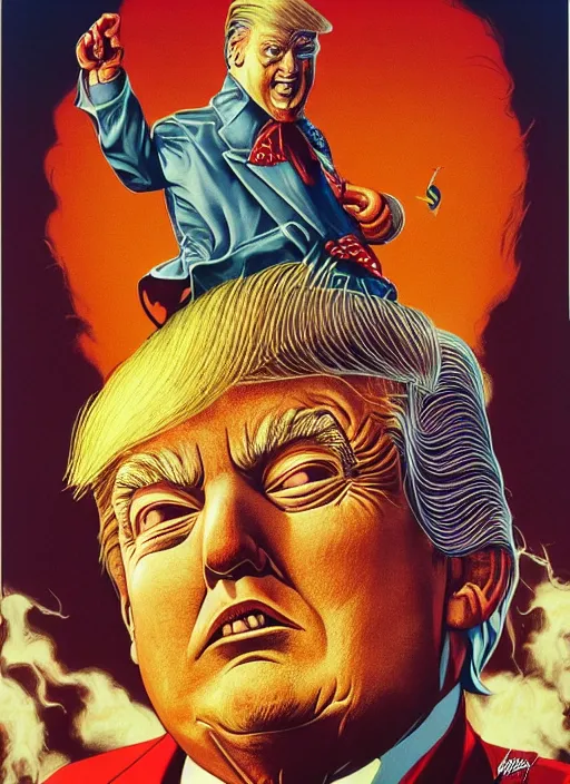 Image similar to donald trump is a disgusting clown, grotesque, horror, high details, intricate details, by vincent di fate, artgerm julie bell beeple, 1 9 8 0 s, inking, vintage 8 0 s print, screen print