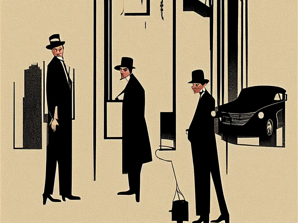 Image similar to two suspicious men in a parked a car in front of a very tall building, desert street, late at night, dimly lit, gangster, film noir, upscale 1920, relaxed poose, art deco, artwork by coles phillips, post processing, intricate, grim yet sparkling atmosphere, cinematic lighting, art nouveau