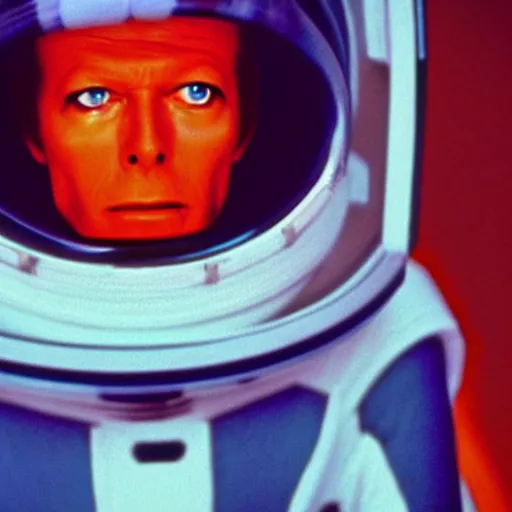 Prompt: film still of David Bowie as David Bowman wearing orange space suit in 2001 a space odyssey, 4k