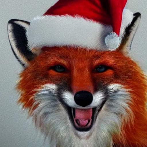 Prompt: A Detailed Award Winning Masterpiece, trending on artstation, 4k, of a fox wearing a santa hat, eating a cheese