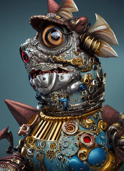 Image similar to closeup portrait of a tin toy fairytale dragon, depth of field, zeiss lens, detailed, symmetrical, centered, fashion photoshoot, by nicoletta ceccoli, mark ryden, lostfish, earl nore, hyung tae, frank frazetta, breathtaking, 8 k resolution, extremely detailed, beautiful, establishing shot, artistic, hyperrealistic, octane render