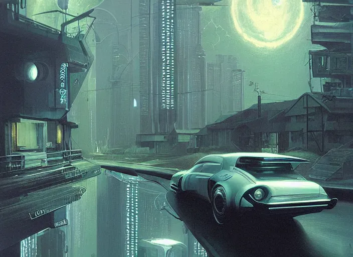 Prompt: a car driving down a street next to tall forest the night, cyberpunk art by Chesley Bonestell, cgsociety, retrofuturism, matte painting, reimagined by industrial light and magic