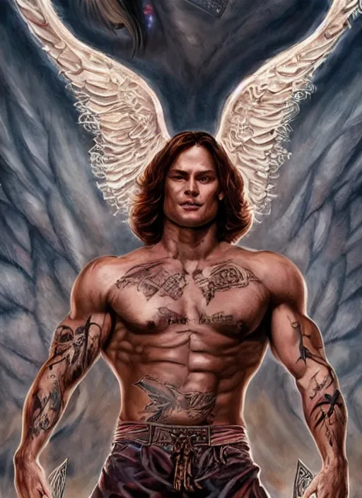 Image similar to attractive Sam Winchester as a muscular angel with demon wings wide open, whole body tattooed with runes and satanic symbols, D&D!, fantasy style, sharp focus!, ultra detailed, art by Artgerm and Peter Andrew Jones, WLUP