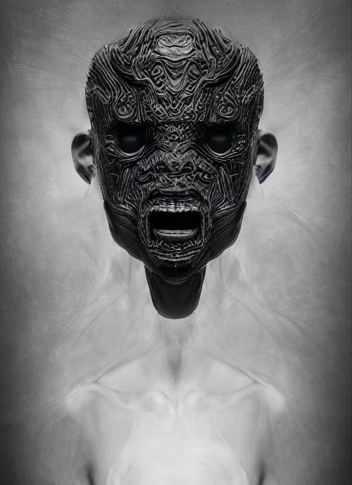 Image similar to portrait of janus bifrons, cinematic lighting, studio portrait against a black background, modern fine art, fractal, intricate, elegant, highly detailed, digital photography, subsurface scattering, in the style of ghost, by jheronimus bosch and yue minjun and giger and greg rutkowski,