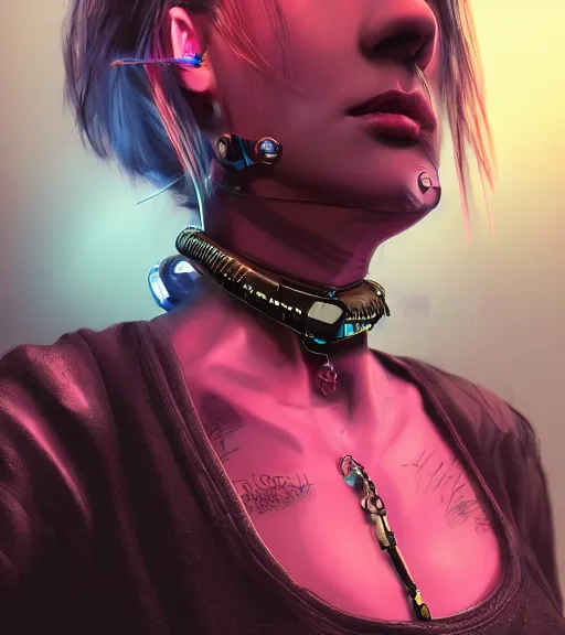 Image similar to detailed realistic female character cyberpunk wearing thick steel collar around neck, realistic, art, beautiful, 4K, collar, choker, collar around neck, punk, artstation, detailed, female, woman, choker, cyberpunk, neon, punk, collar, choker, collar around neck, thick collar, tight around neck, punk,