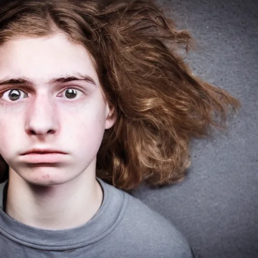 Image similar to portrait of depressed teen, helmet hair, ugly