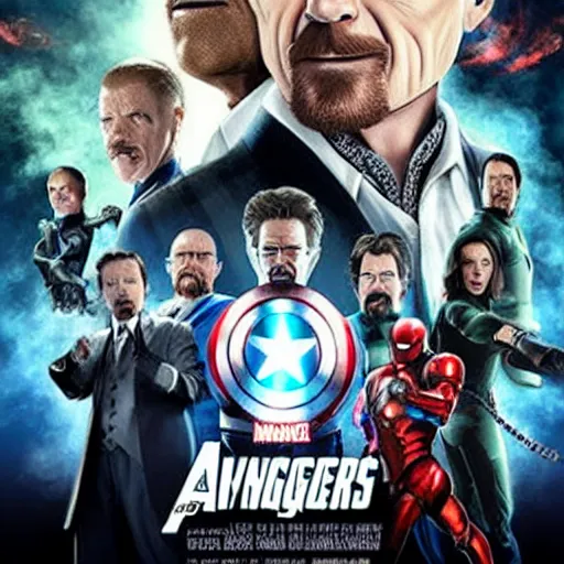 Image similar to walter white joins the avengers, promo poster, movie poster