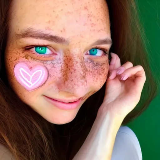 Prompt: beautiful hyperrealism hyperdetailed selfie of a cute young woman smiling softly, long light bronze brown hair, cute freckles, flushed face, red blush, small heart - shaped face, soft features, emerald green eyes, 8 k, sharp focus,