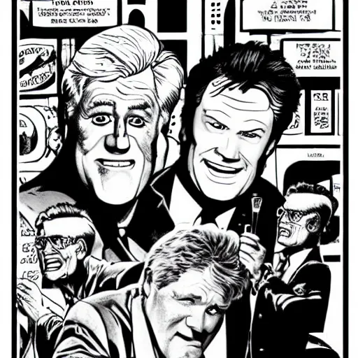 Image similar to jay leno, conan o'brien, david letterman drawn in the style of frank miller's sin city comics, black and white, panels