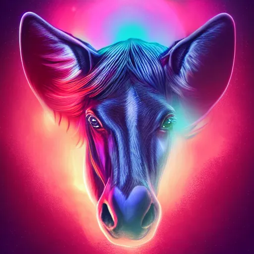 Prompt: digital 🐎, retrowave palette, highly detailed, anatomically correct equine, synth feel, smooth face, ear floof, flowing mane, no reins, super realism, accurate animal imagery, 4 k digital art