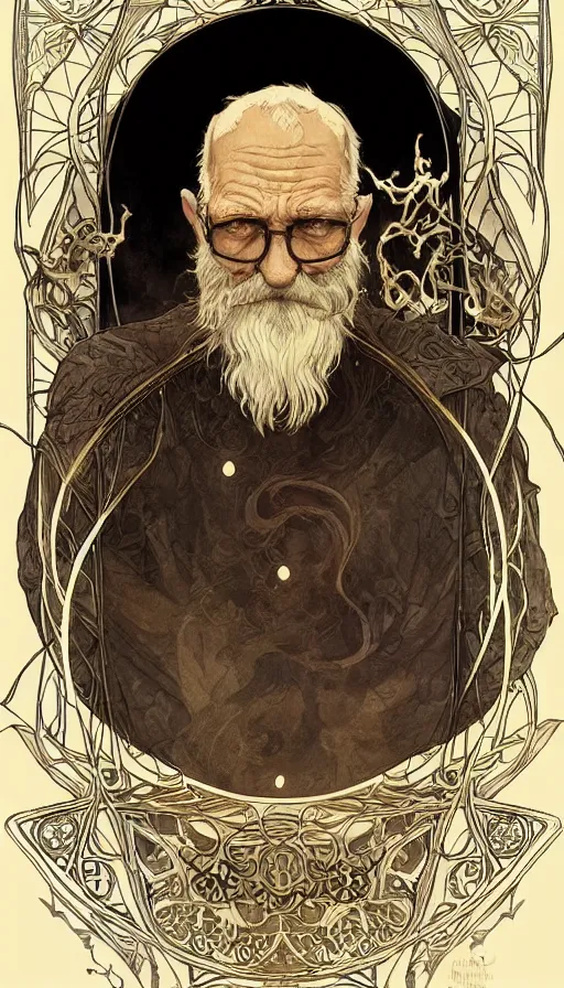 Image similar to an old man with a light, a black cloak and a white beard, highly detailed, very intricate, art nouveau, gold filigree, left right symmetry, tarot concept art watercolor illustration by mandy jurgens and alphonse mucha and alena aenami, featured on artstation