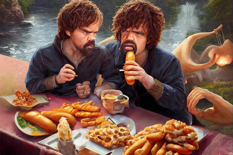 Image similar to portrait of peter dinklage sharing hotdogs with scarlett johansson, an oil painting by ross tran and thomas kincade