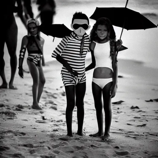 Prompt: kids on halloween costumes in copacabana beach, rio de janeiro, 8 0 s, nostalgic photograph, 3 5 mm, iso 4 0 0, kodak