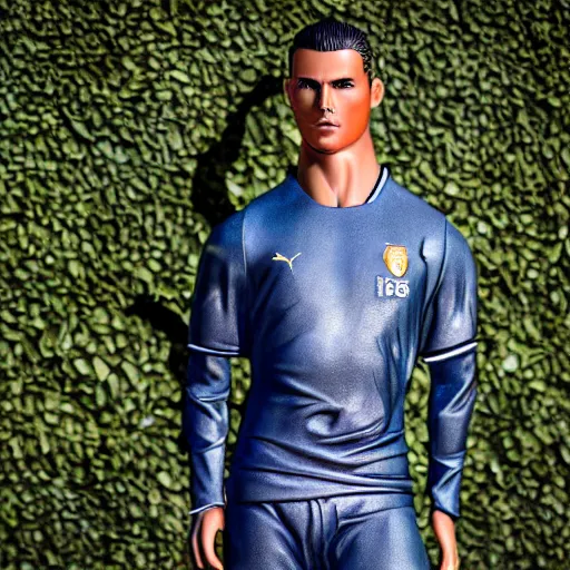 Image similar to a realistic detailed photo of a guy who is an attractive humanoid who is half robot and half humanoid, who is a male android, soccer player cristano ronaldo, shiny skin, posing like a statue, blank stare, by the pool, on display