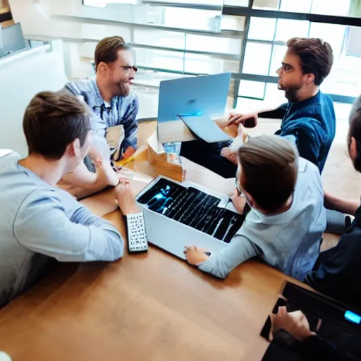 Image similar to 5 men coding on laptops around a table